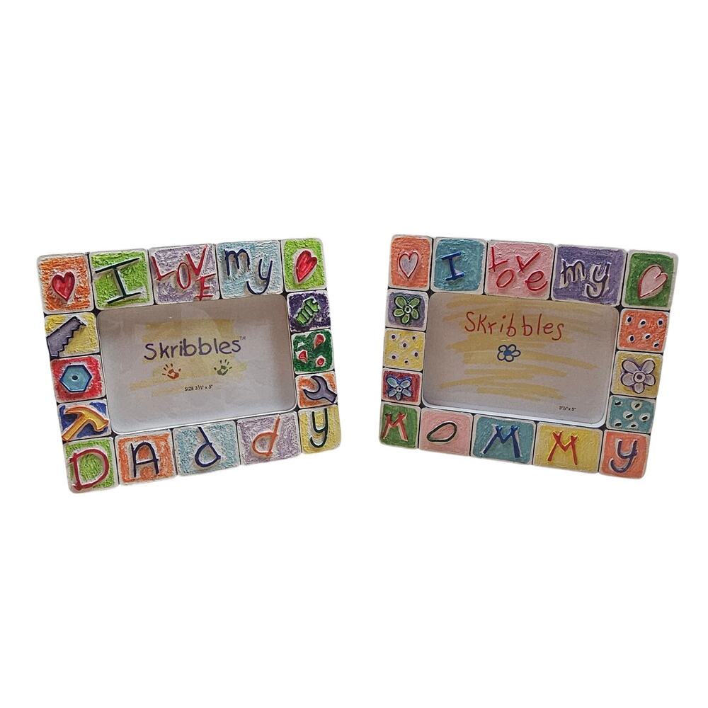 Vintage Lot of 2 Russ Berrie "Skribbles" I love Mommy Daddy Ceramic Photo Frames